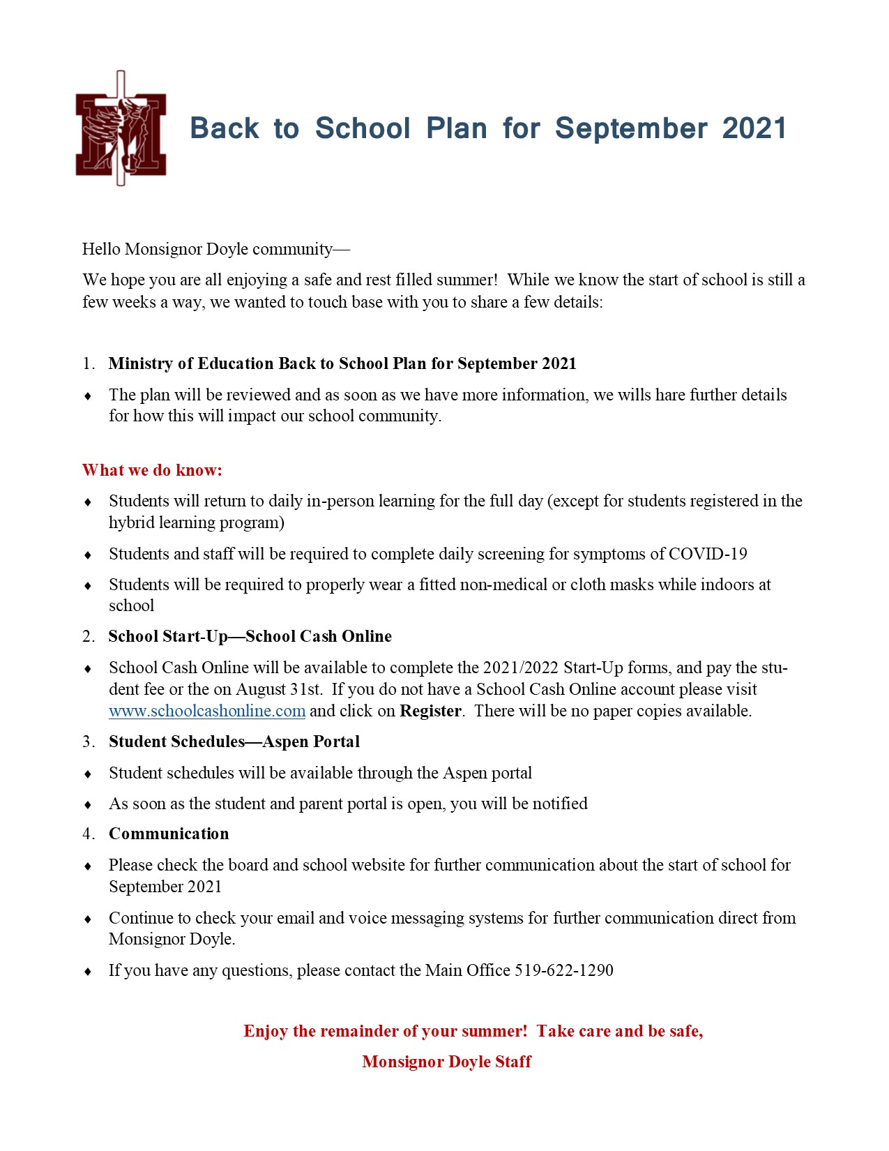 Back to School Plan 2021 Monsignor Doyle C.S.S.